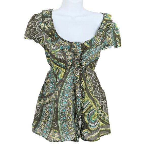 Ruffle cotton silk top abstract print green Large @K1 - Picture 1 of 13